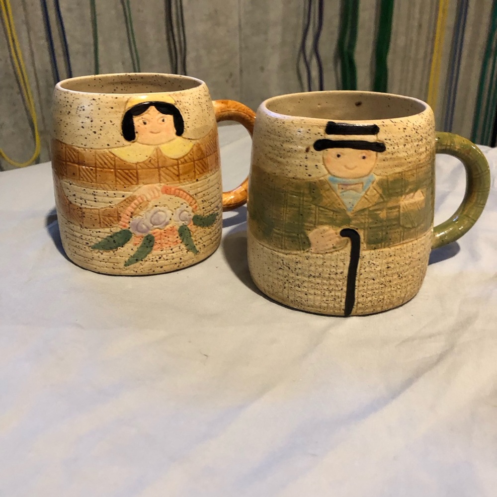 2 Whimsical Hand-Painted Ceramic folk art  Mugs Beige w Green and Tan Accents